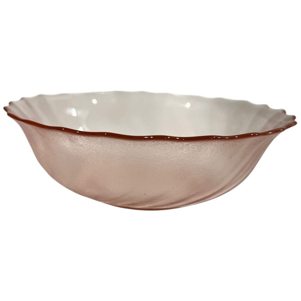 Glcoloc Pink Swirl Glass Bowl Vintage Frosted Scalloped Rim Collectible
